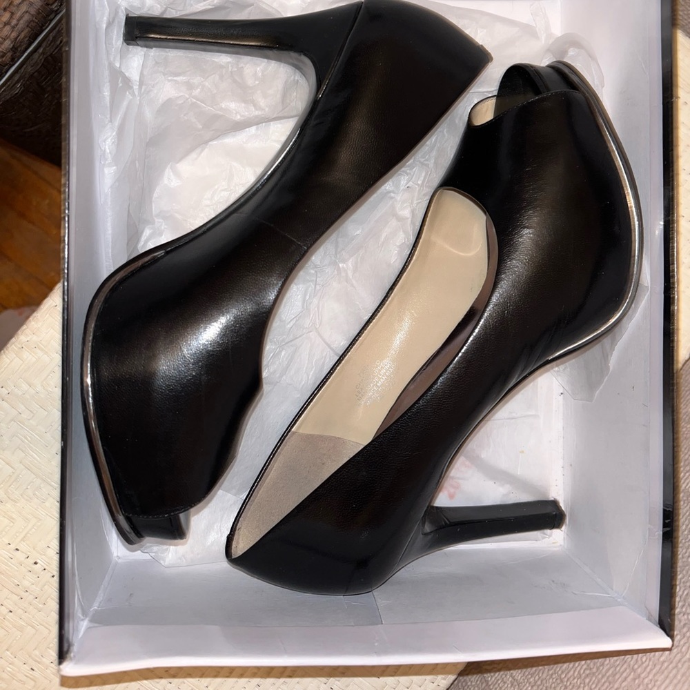 Black leather peep toe heels size 7.5